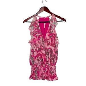 Ramy Brook NY Sleeveless Ruffled Silk Pink Floral Smocked Waist Blouse Top Sz L